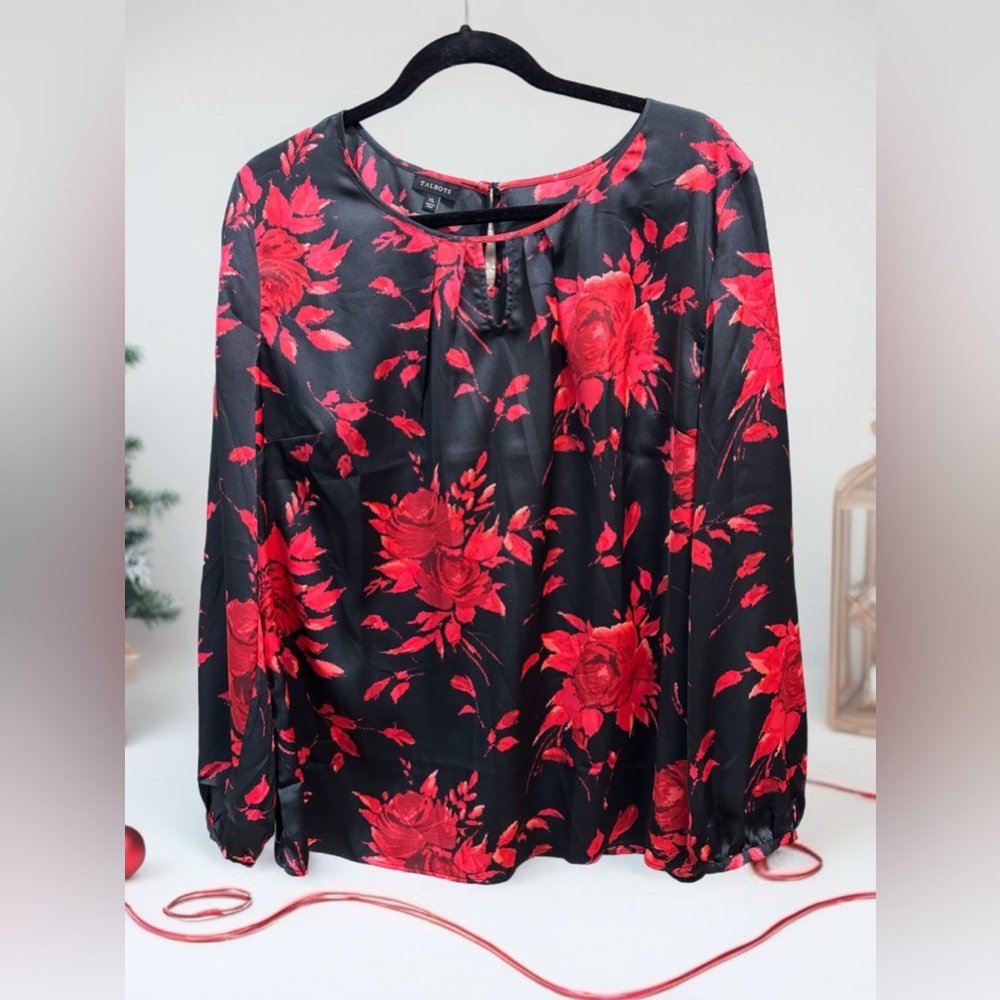 Talbots Black & Red Floral Long Sleeve Blouse | GUC